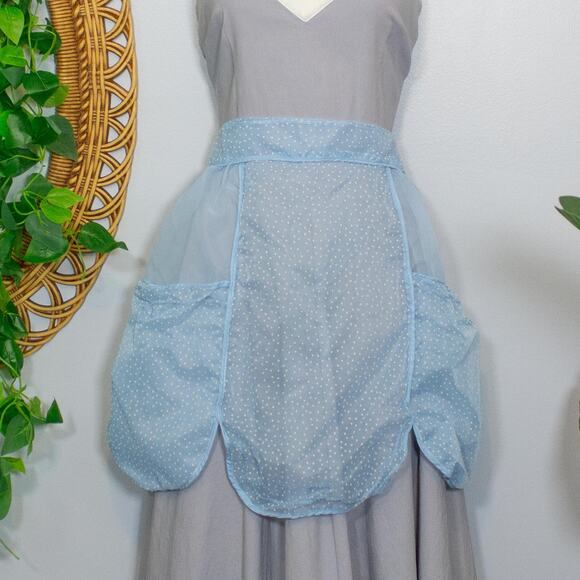 Vtg 40s 50s Sheer Blue Hostess Apron Polkadot Organza with Pockets Light Summer - Picture 1 of 4